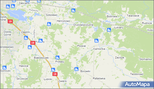 mapa Płoskie gmina Zabłudów, Płoskie gmina Zabłudów na mapie Targeo