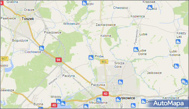 mapa Pniów gmina Toszek, Pniów gmina Toszek na mapie Targeo