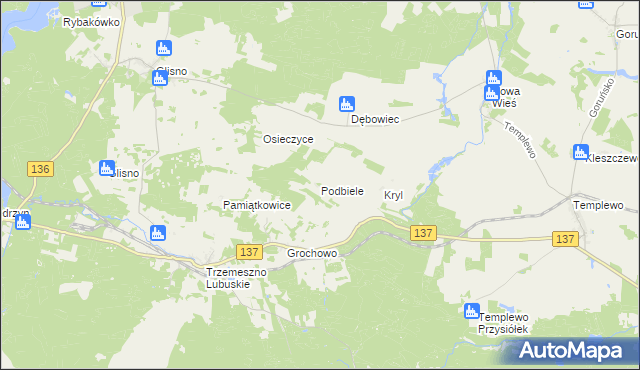 mapa Podbiele gmina Sulęcin, Podbiele gmina Sulęcin na mapie Targeo