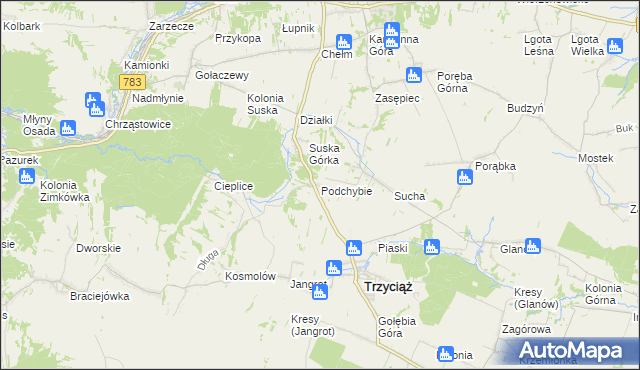 mapa Podchybie gmina Trzyciąż, Podchybie gmina Trzyciąż na mapie Targeo