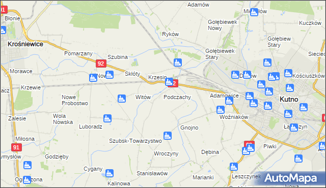 mapa Podczachy gmina Kutno, Podczachy gmina Kutno na mapie Targeo