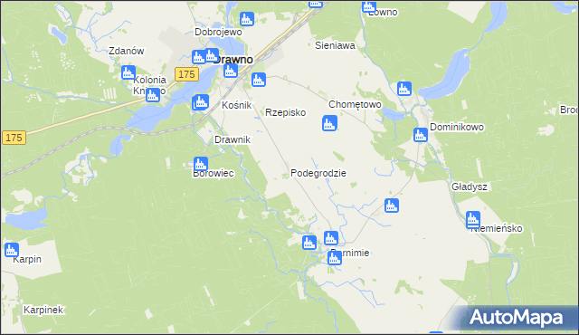 mapa Podegrodzie gmina Drawno, Podegrodzie gmina Drawno na mapie Targeo