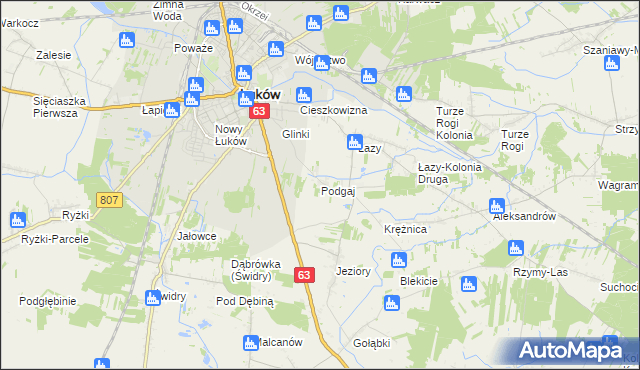 mapa Podgaj gmina Łuków, Podgaj gmina Łuków na mapie Targeo