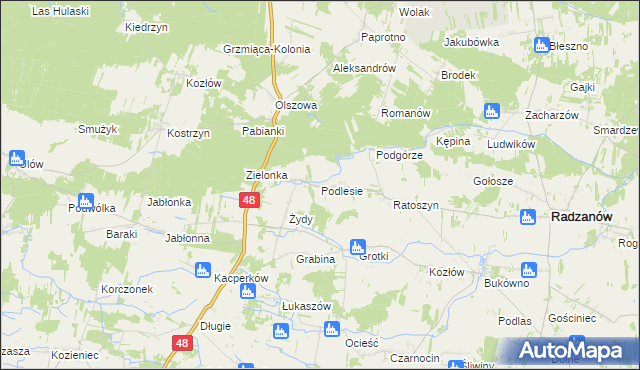 mapa Podlesie gmina Radzanów, Podlesie gmina Radzanów na mapie Targeo