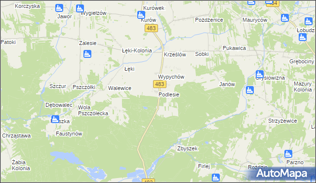 mapa Podlesie gmina Zelów, Podlesie gmina Zelów na mapie Targeo