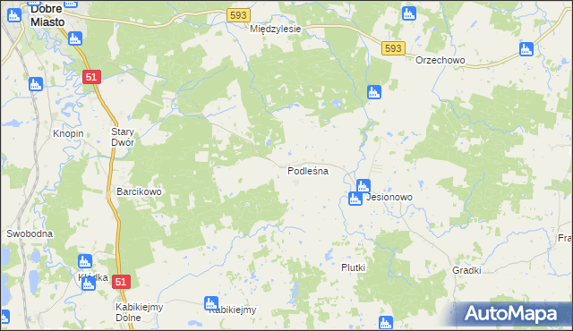 mapa Podleśna gmina Dobre Miasto, Podleśna gmina Dobre Miasto na mapie Targeo