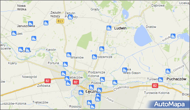mapa Podzamcze gmina Łęczna, Podzamcze gmina Łęczna na mapie Targeo