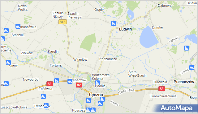 mapa Podzamcze gmina Łęczna, Podzamcze gmina Łęczna na mapie Targeo