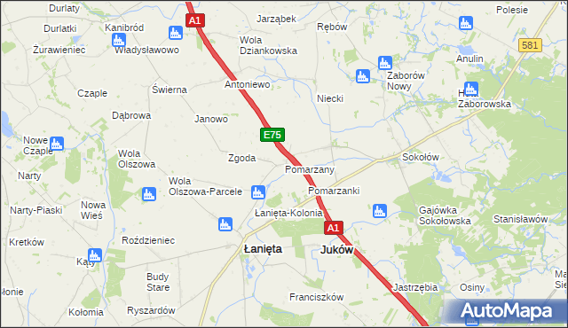 mapa Pomarzany gmina Łanięta, Pomarzany gmina Łanięta na mapie Targeo