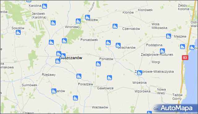 mapa Poniatów gmina Goszczanów, Poniatów gmina Goszczanów na mapie Targeo