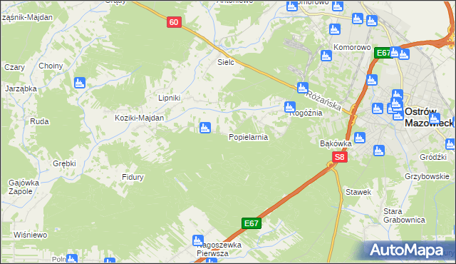 mapa Popielarnia gmina Ostrów Mazowiecka, Popielarnia gmina Ostrów Mazowiecka na mapie Targeo