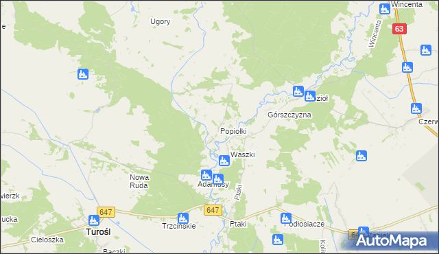 mapa Popiołki gmina Turośl, Popiołki gmina Turośl na mapie Targeo