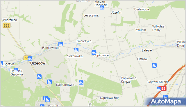 mapa Popkowice gmina Urzędów, Popkowice gmina Urzędów na mapie Targeo