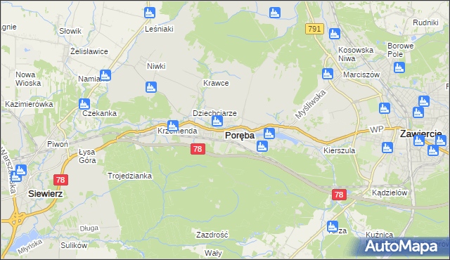 mapa Poręba powiat zawierciański, Poręba powiat zawierciański na mapie Targeo