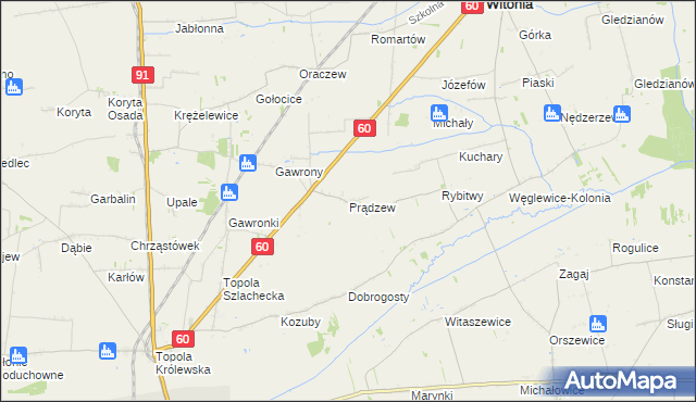 mapa Prądzew gmina Łęczyca, Prądzew gmina Łęczyca na mapie Targeo