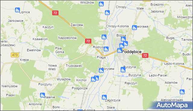 mapa Praga gmina Poddębice, Praga gmina Poddębice na mapie Targeo