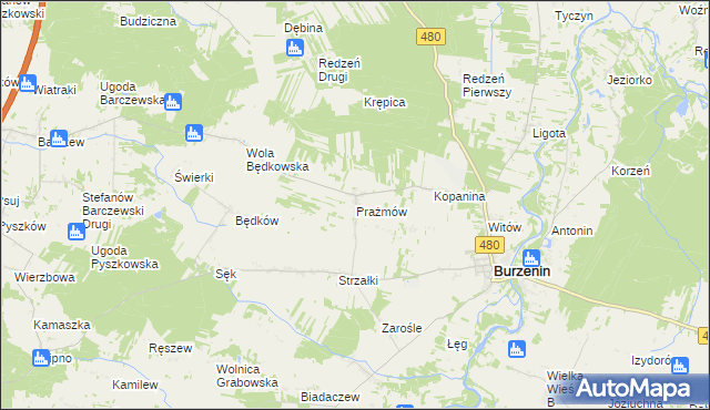 mapa Prażmów gmina Burzenin, Prażmów gmina Burzenin na mapie Targeo