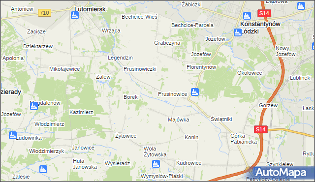 mapa Prusinowice gmina Lutomiersk, Prusinowice gmina Lutomiersk na mapie Targeo