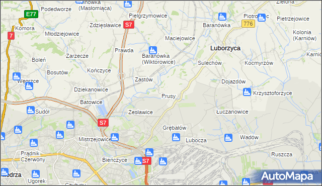 mapa Prusy gmina Kocmyrzów-Luborzyca, Prusy gmina Kocmyrzów-Luborzyca na mapie Targeo