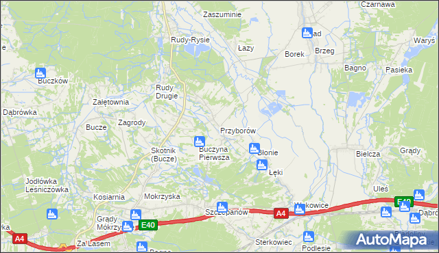 mapa Przyborów gmina Borzęcin, Przyborów gmina Borzęcin na mapie Targeo