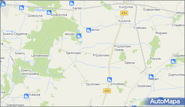 mapa Przyborowo gmina Krobia, Przyborowo gmina Krobia na mapie Targeo
