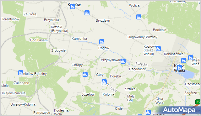 mapa Przybysławice gmina Kozłów, Przybysławice gmina Kozłów na mapie Targeo