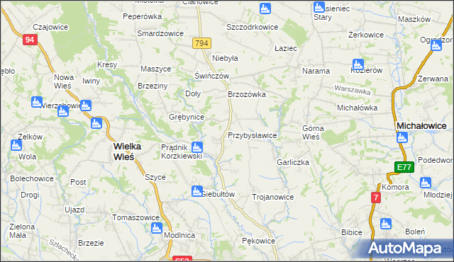 mapa Przybysławice gmina Zielonki, Przybysławice gmina Zielonki na mapie Targeo