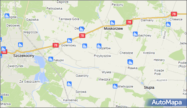 mapa Przybyszów gmina Moskorzew, Przybyszów gmina Moskorzew na mapie Targeo