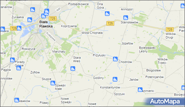 mapa Przyłuski gmina Biała Rawska, Przyłuski gmina Biała Rawska na mapie Targeo
