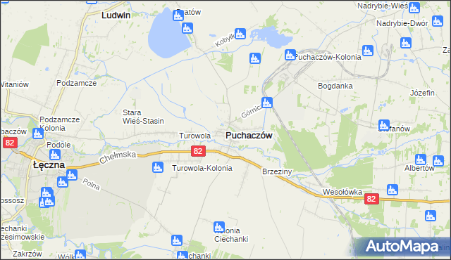 mapa Puchaczów powiat łęczyński, Puchaczów powiat łęczyński na mapie Targeo