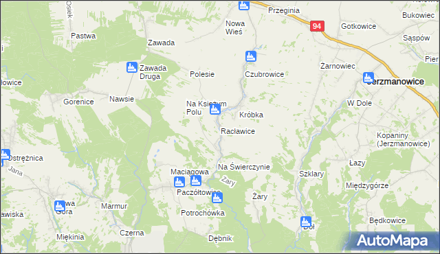 mapa Racławice gmina Jerzmanowice-Przeginia, Racławice gmina Jerzmanowice-Przeginia na mapie Targeo