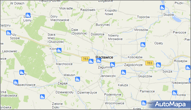 mapa Racławice powiat miechowski, Racławice powiat miechowski na mapie Targeo