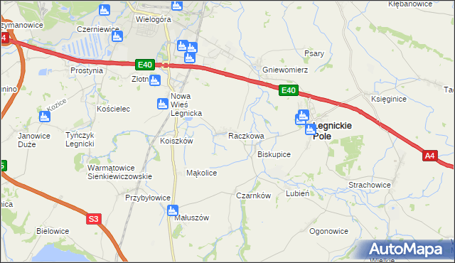 mapa Raczkowa gmina Legnickie Pole, Raczkowa gmina Legnickie Pole na mapie Targeo