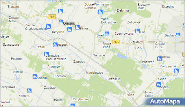 mapa Raczyce gmina Gnojno, Raczyce gmina Gnojno na mapie Targeo