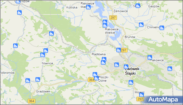 mapa Radłówka gmina Lwówek Śląski, Radłówka gmina Lwówek Śląski na mapie Targeo
