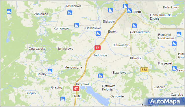 mapa Radomice gmina Lipno, Radomice gmina Lipno na mapie Targeo