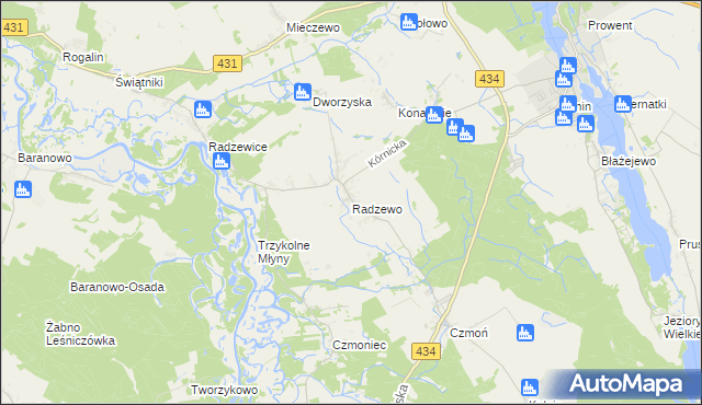 mapa Radzewo gmina Kórnik, Radzewo gmina Kórnik na mapie Targeo