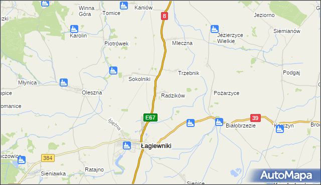 mapa Radzików gmina Łagiewniki, Radzików gmina Łagiewniki na mapie Targeo