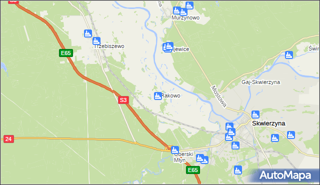 mapa Rakowo gmina Skwierzyna, Rakowo gmina Skwierzyna na mapie Targeo