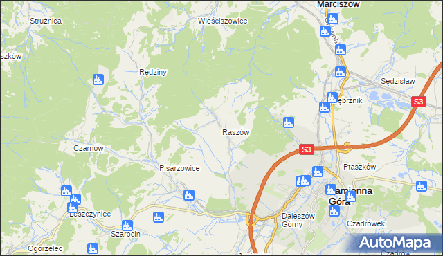 mapa Raszów gmina Kamienna Góra, Raszów gmina Kamienna Góra na mapie Targeo