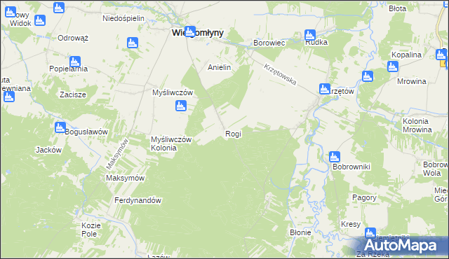 mapa Rogi gmina Wielgomłyny, Rogi gmina Wielgomłyny na mapie Targeo