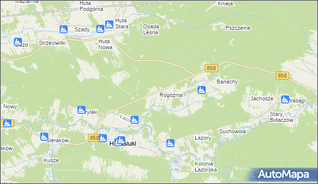 mapa Rogóźnia gmina Harasiuki, Rogóźnia gmina Harasiuki na mapie Targeo