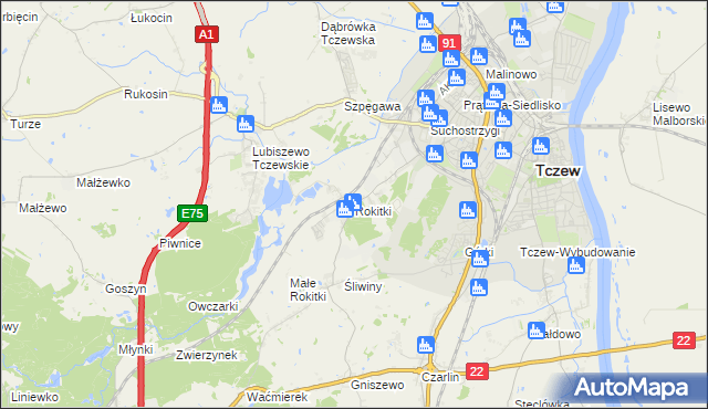 mapa Rokitki gmina Tczew, Rokitki gmina Tczew na mapie Targeo