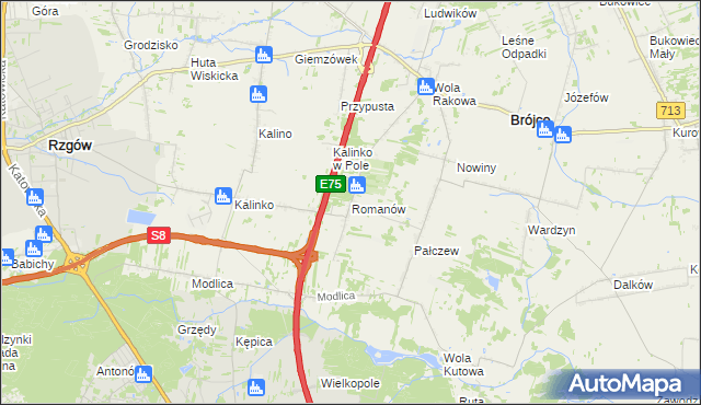 mapa Romanów gmina Rzgów, Romanów gmina Rzgów na mapie Targeo