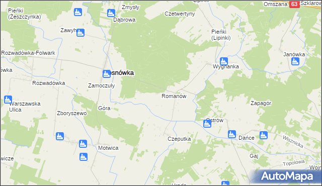 mapa Romanów gmina Sosnówka, Romanów gmina Sosnówka na mapie Targeo