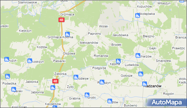 mapa Romanów gmina Wyśmierzyce, Romanów gmina Wyśmierzyce na mapie Targeo