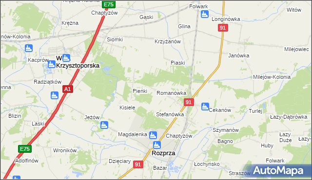 mapa Romanówka gmina Rozprza, Romanówka gmina Rozprza na mapie Targeo