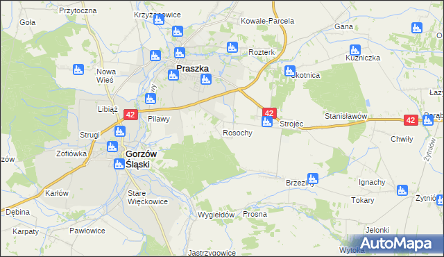 mapa Rosochy gmina Praszka, Rosochy gmina Praszka na mapie Targeo