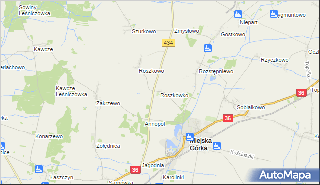 mapa Roszkówko gmina Miejska Górka, Roszkówko gmina Miejska Górka na mapie Targeo