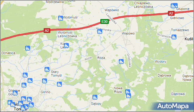 mapa Róża gmina Nowy Tomyśl, Róża gmina Nowy Tomyśl na mapie Targeo